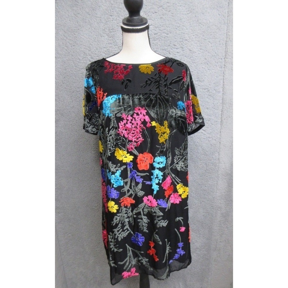 Maeve Shift Dress Womens 10 Black Floral Burnout Velvet Whimsigoth Boho Romantic